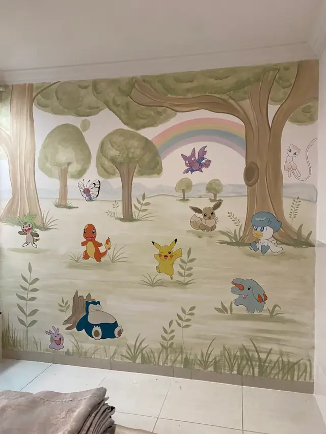 Mural personalizado pokemon floresta em Goiânia, pintura à mão por Art Laurenn