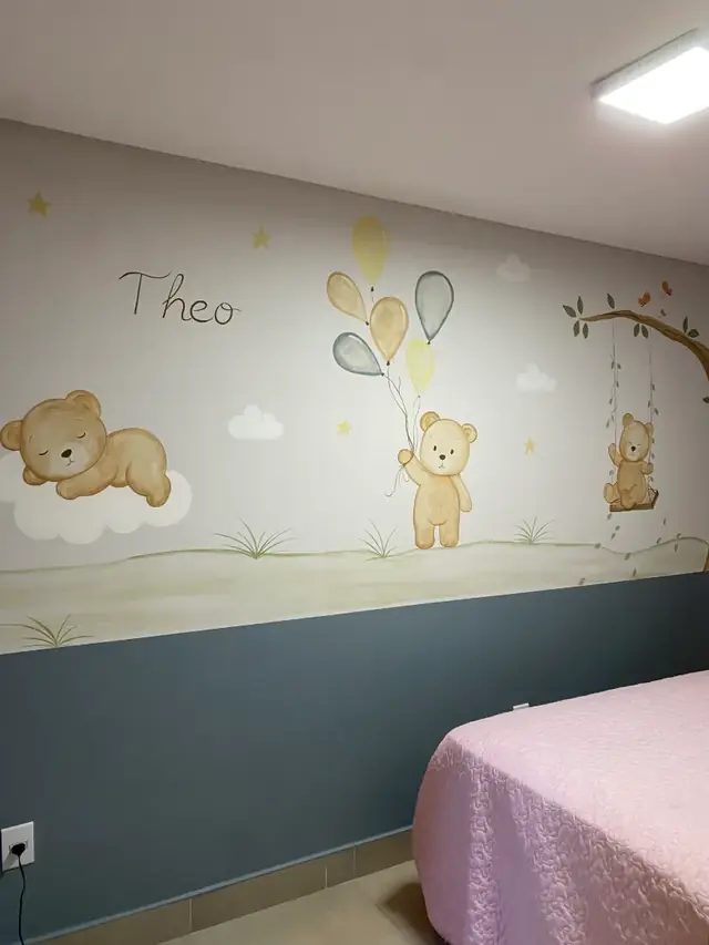 Mural quarto menino ursinhos baloes nome theo em Goiânia, pintura à mão por Art Laurenn