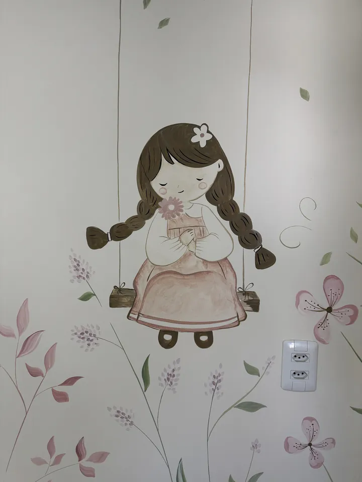 Mural quarto menina boneca balanço flores em Goiânia, pintura à mão por Art Laurenn