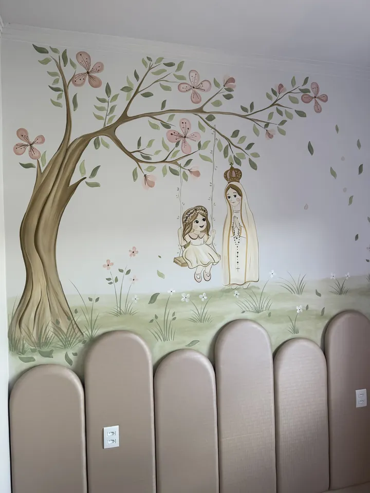 Pintura parede Nossa Senhora de Fátima menina balanço em Goiânia, pintura à mão por Art Laurenn